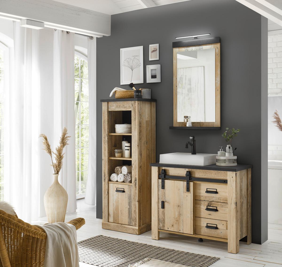 WASCHBECKENUNTERSCHRANK Used Wood Anthrazit, Waschtisch 95 cm inkl. Waschbecken, Soft-Close - Eichefarben/Anthrazit, Holzwerkstoff/Metall (95/81/43cm) - Furn.Design