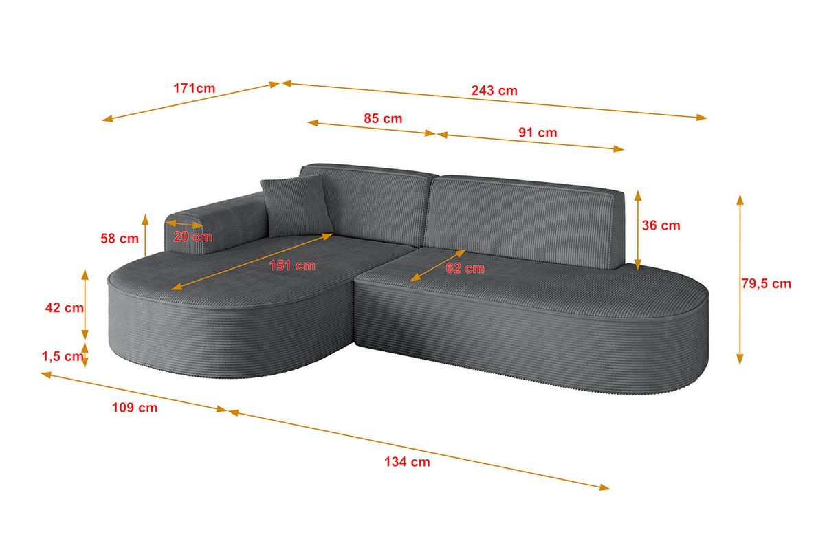 ECKSOFA Ottomane Links MARI-L1 - 243x171x79 cm Dunkelgrau Cord - Dunkelgrau/Schwarz, Holzwerkstoff/Kunststoff (163/234cm) - ALTDECOR
