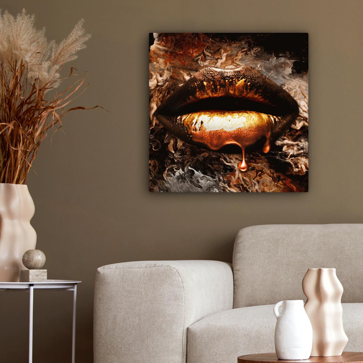 LEINWANDBILD Gold - Lippen - Kunst - Gold - Luxus - Abstrakt Wandbild Wohnzimmer 50x50 cm - Kupferfarben, Textil (50/50cm) - MuchoWow