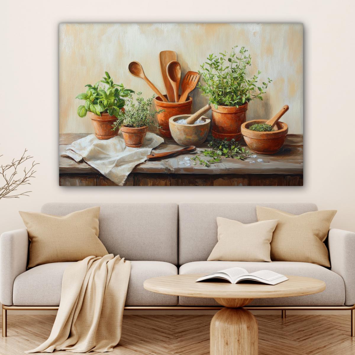 LEINWANDBILD Töpfe - Kräuter - Holz Groß 140x90 cm - Terracotta, Textil (140/90cm) - MuchoWow