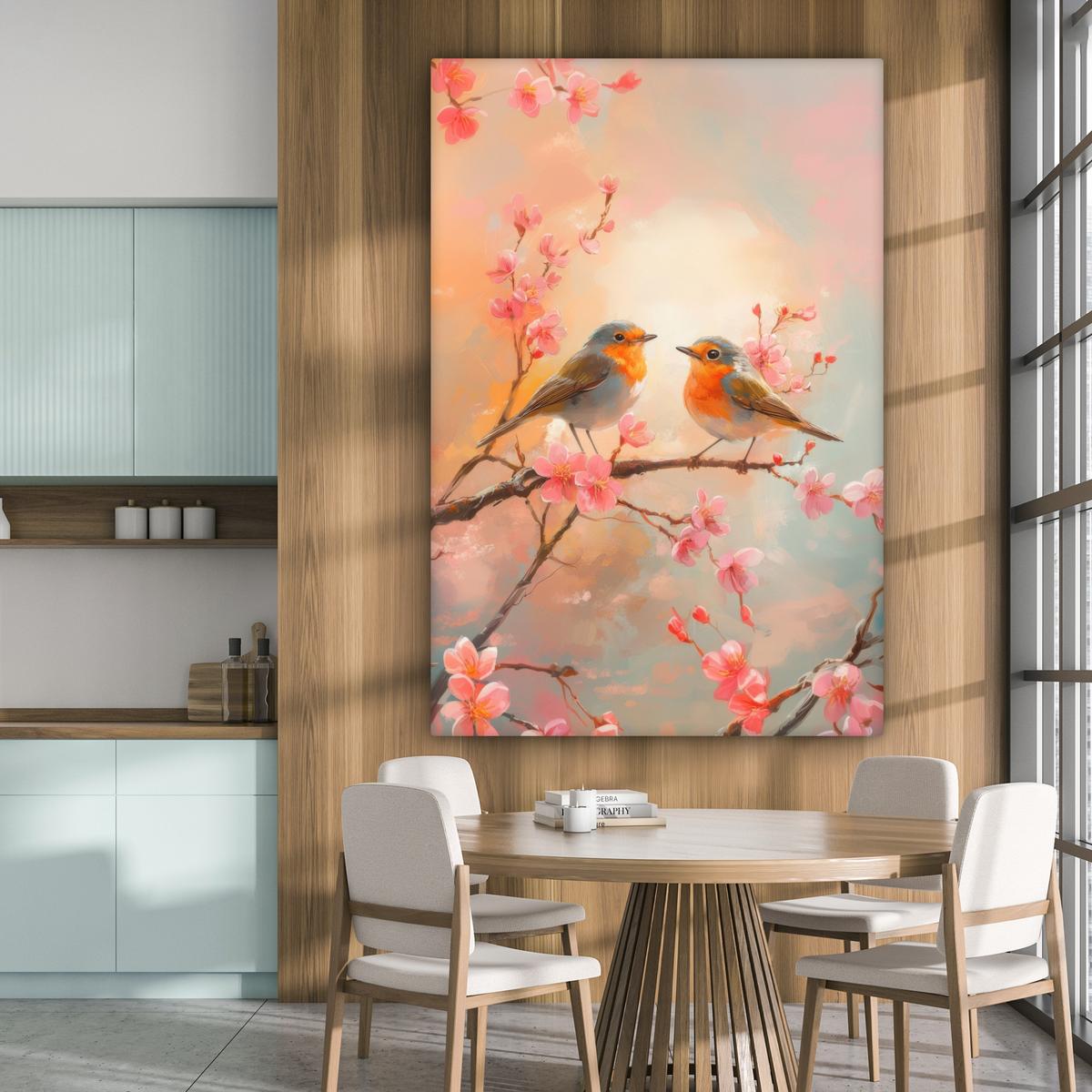 LEINWANDBILD Rotkehlchen - Zierpflanze - Blütenzweig Deko Groß 90x140 cm - Hellrosa, Textil (90/140cm) - MuchoWow
