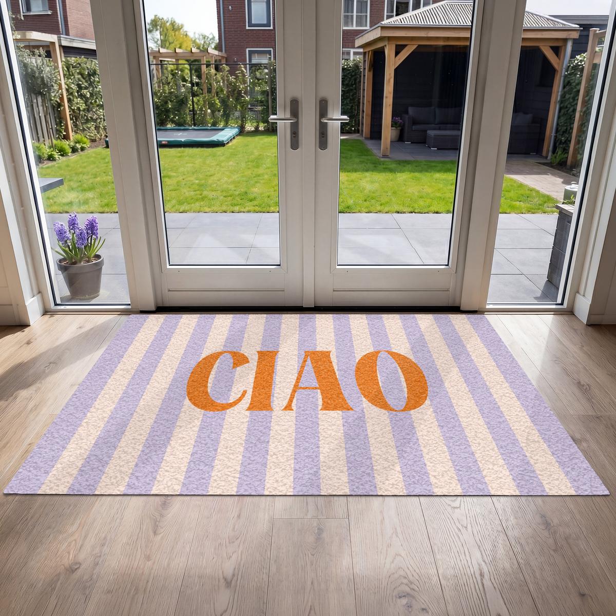 FUSSMATTE Ciao - Zitat - Pastell - Streifen Schmutzfangmatte 180x120 cm - Flieder, Kunststoff (180/0.4cm) - MuchoWow