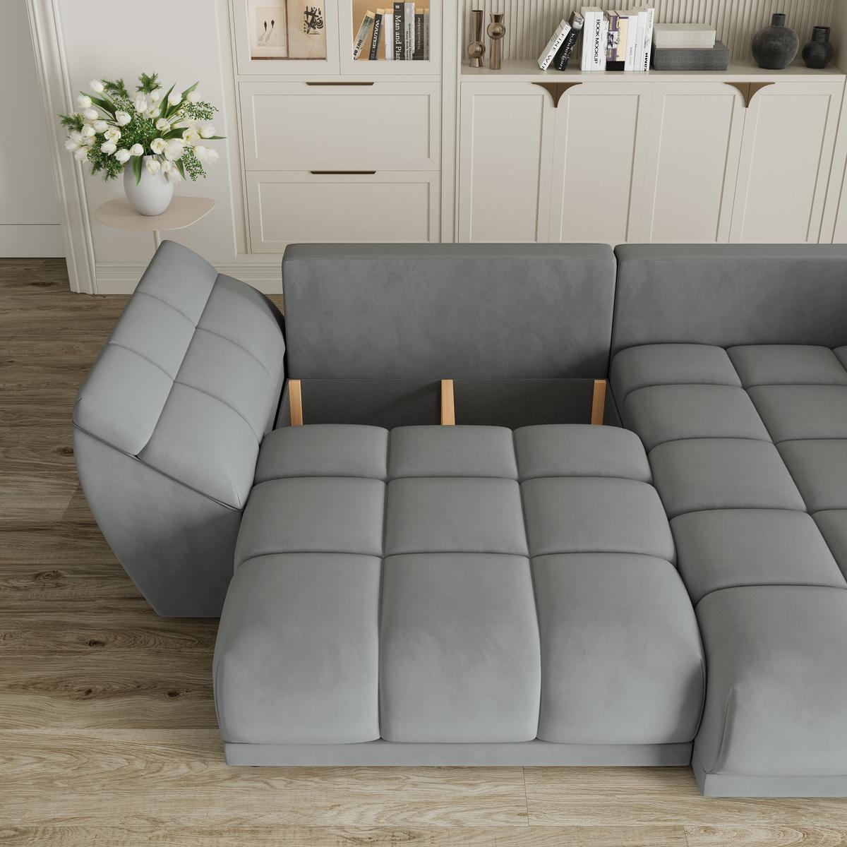 ECKSOFA ORENTI R-S Grau Velours-Stoff mit Schlaffunktion - Grau, Holz (287/182cm) - MASSENO
