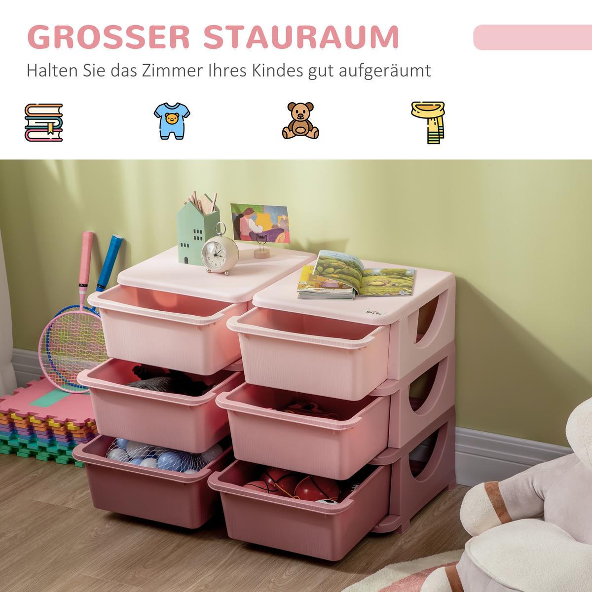 SCHUBLADENSCHRANK, Kunststoff, Rosa/Violett, 75L x 37B x 56,5H cm - Rosa, Kunststoff (37/56.5/75cm) - HOMCOM