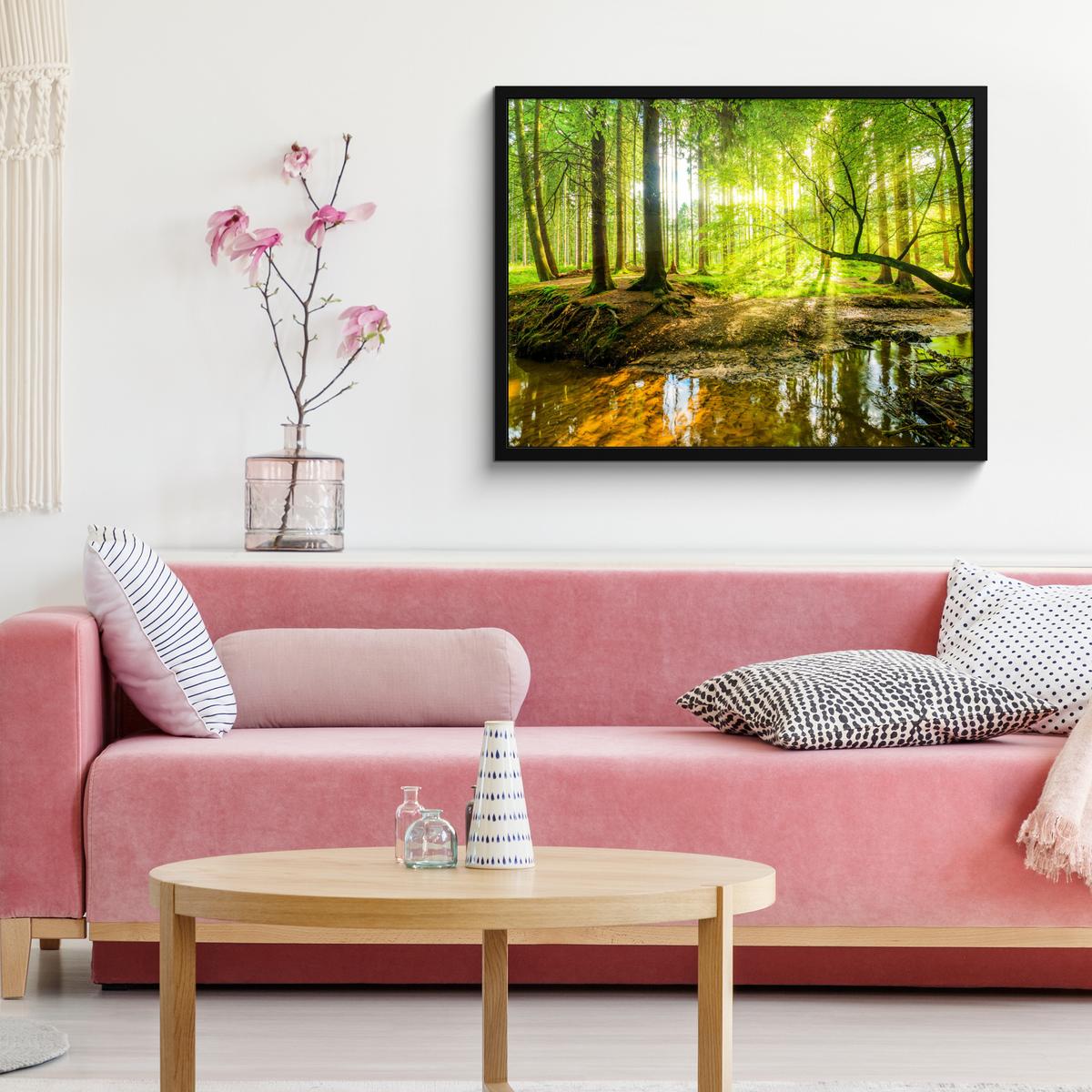 POSTER MIT RAHMENGERAHMTES BILD Wald - Landschaft - Wasser - Bäume - Sonne - Grün - Natur 80x60 cm - Grün, Papier (80/60cm) - MuchoWow
