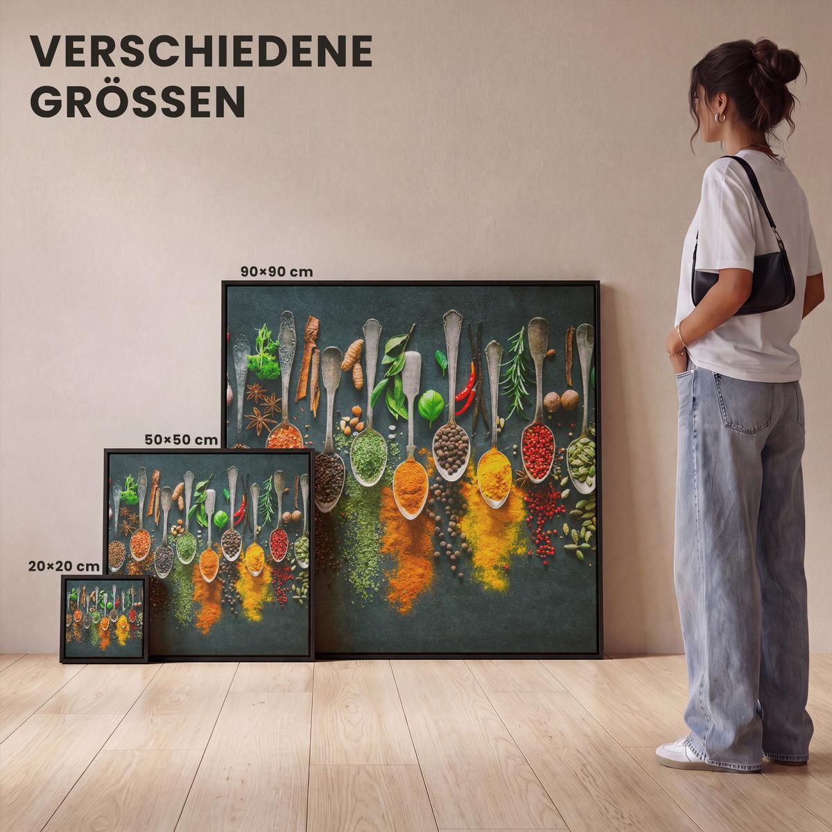 LEINWAND Bilder mit Rahmen - Kräuter - Gewürze - Löffel - 90x90 - Currygelb, Textil (90/90cm) - MuchoWow