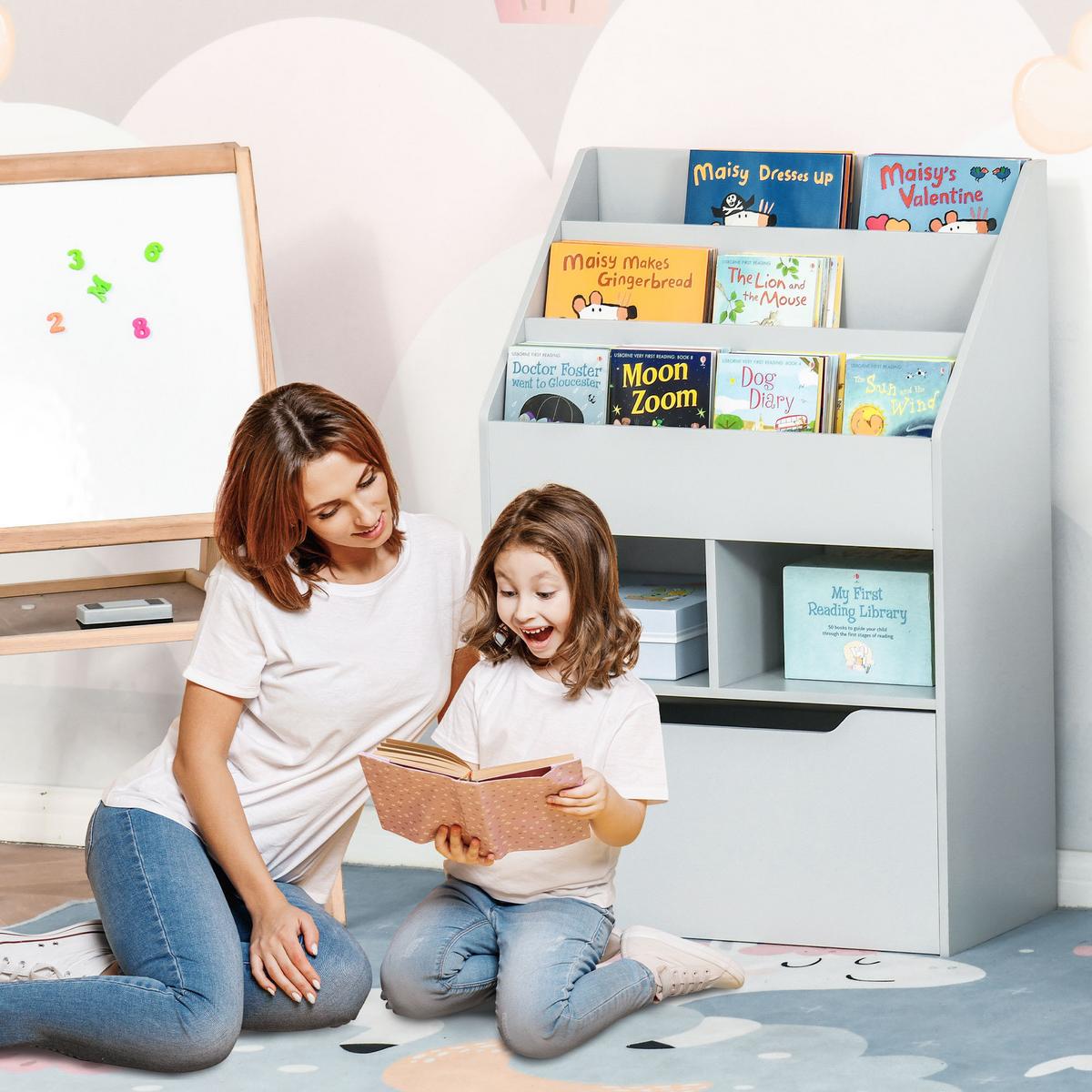 KINDER Bücherregal Kinderregal mit Schublade, 3 Ablagefächern, 2 offenen Fächern - Grau, Holzwerkstoff (29.9/90/60cm) - HOMCOM