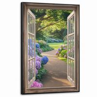 LEINWAND Bilder mit Rahmen - Aussicht - Garten - Fenster - Hortensie - Blumen - 100x150 - Pastellblau, Textil (100/150cm) - MuchoWow