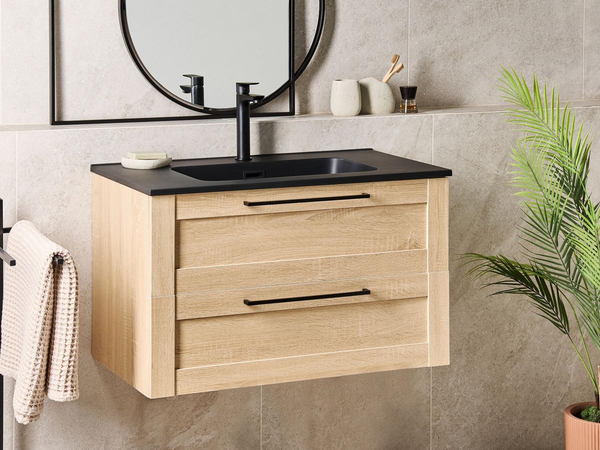 WASCHBECKENUNTERSCHRANK wandmontiertk mit Waschbecken Hellbraun Tarija - Hellbraun, Holzwerkstoff (80/46/91.5cm) - Beliani
