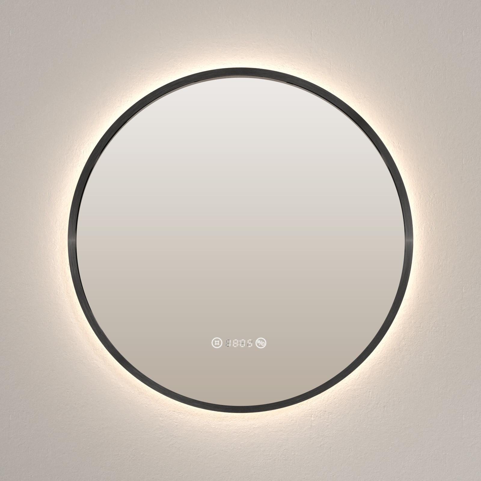 BADSPIEGEL mit LED-Beleuchtung Anti-Beschlag Zeitanzeige Schwarz Ø 60 cm - Schwarz, Glas (60/60/3cm) - EMKE
