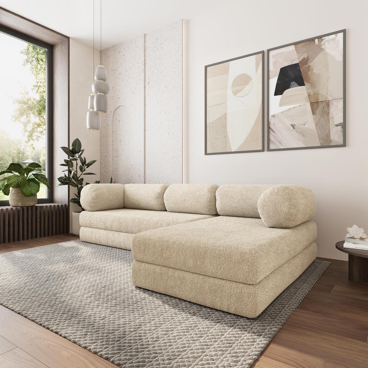 ECKSOFA KELI modulares Boneless Sofa mit Schlaffunktion Creme Boucle-Stoff - Creme, Textil (270/160cm) - MASSENO
