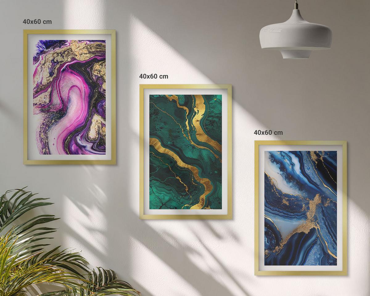 BILDER SET 3er Set - 40x60 cm Goldrahmen - Abstrakte rosagrüne Muster - Goldfarben, Kunststoff (40/60cm) - TULUP