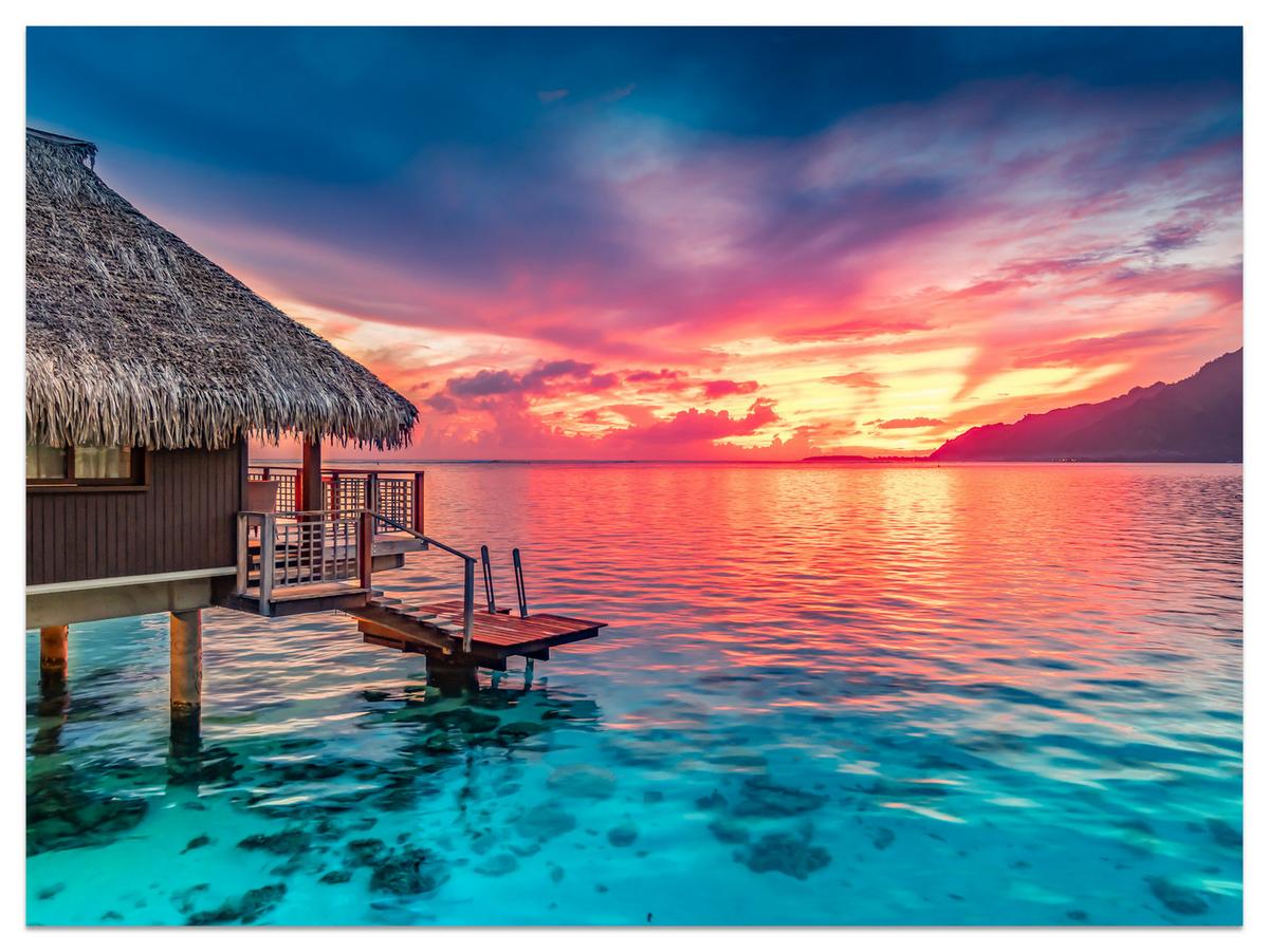 FOTOTAPETE für Wohnzimmer Sonnenuntergang Ozean Holzhütte 350x256 - Türkis/Blau, Papier (350/256cm) - Muralo
