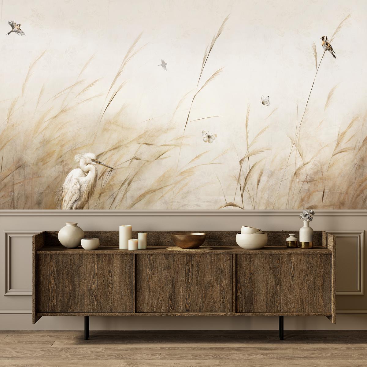 FOTOTAPETE für Schlafzimmer Vögel Storch Hohe Gräser Aquarell 500x350 - Beige/Gelb, Papier (500/350cm) - Muralo