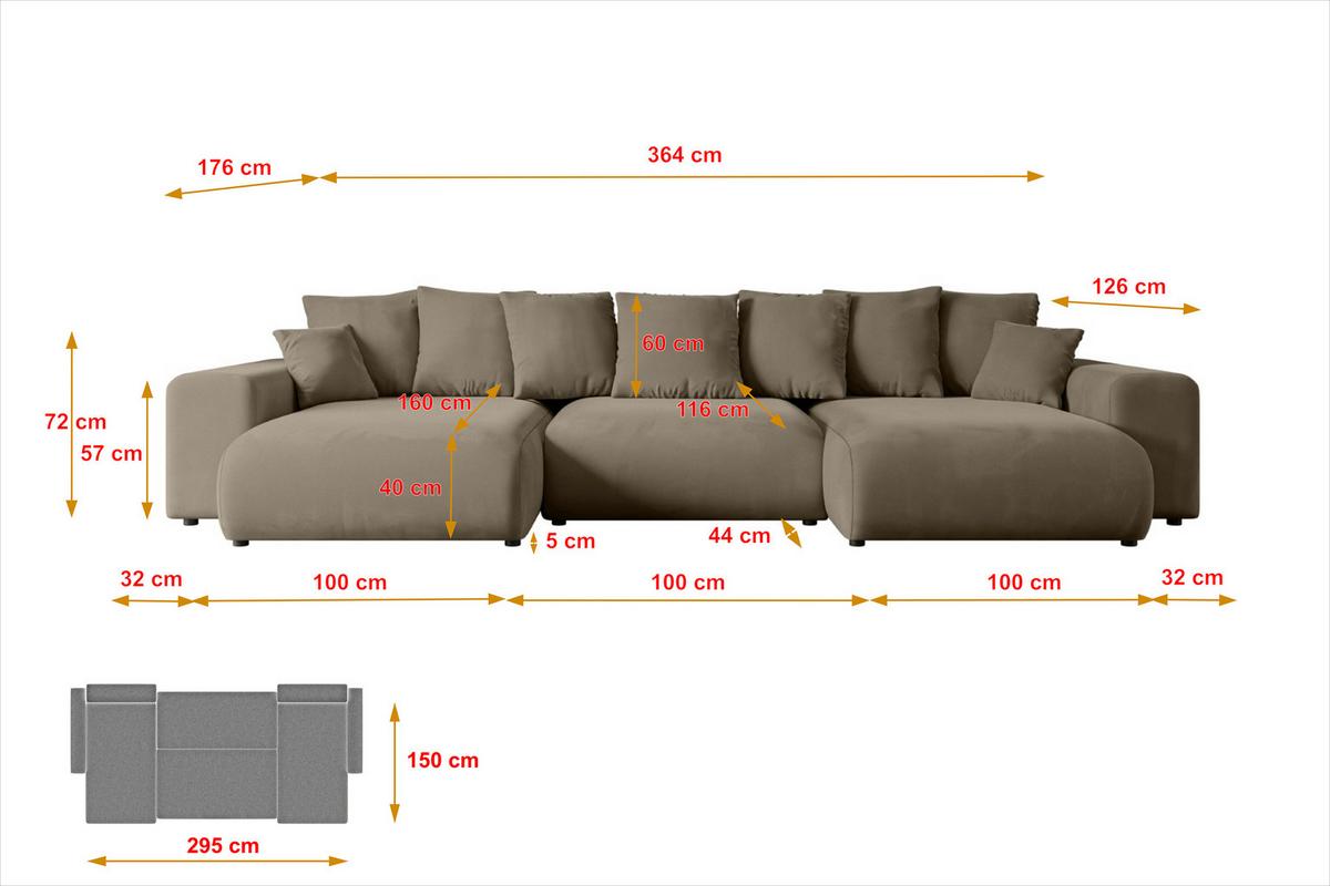 WOHNLANDSCHAFT mit Schlaffunktion ESKAR-U -364x176x72cm Braun Velours - Schwarz/Braun, Holzwerkstoff/Kunststoff (364/72/176cm) - ALTDECOR