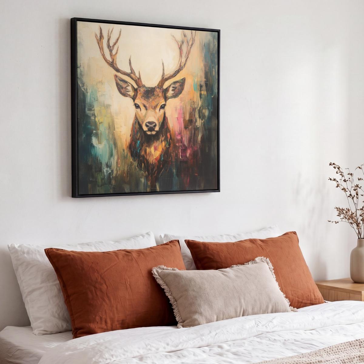 LEINWAND Bilder mit Rahmen - Hirsch - Gemalt - Geweih - Braun - 50x50 - Haselnussfarben, Textil (50/50cm) - MuchoWow