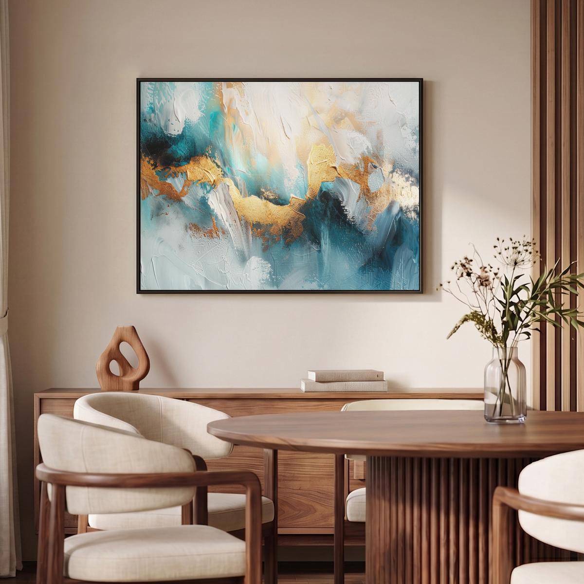 LEINWAND Bilder mit Rahmen - Abstrakt - Kunst - Gold - Blau - 100x70 - Petrol, Textil (100/70cm) - MuchoWow