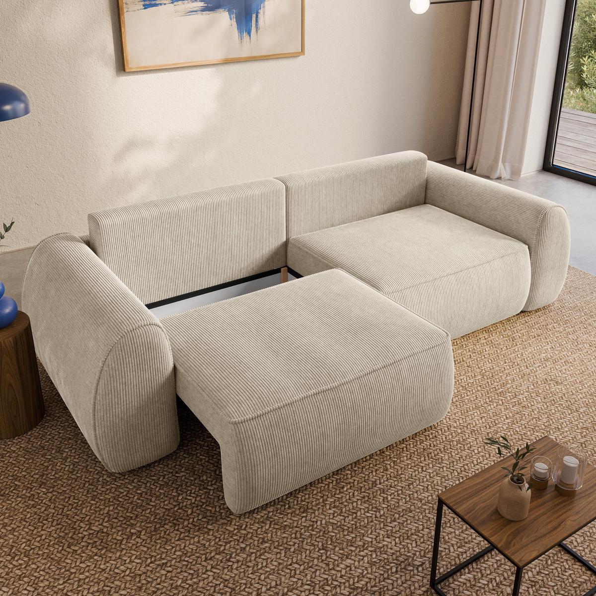 BETTSOFA ZEFEO Creme Kordstoff mit Schlaffunktion - Creme, Textil (264/96/106cm) - MASSENO