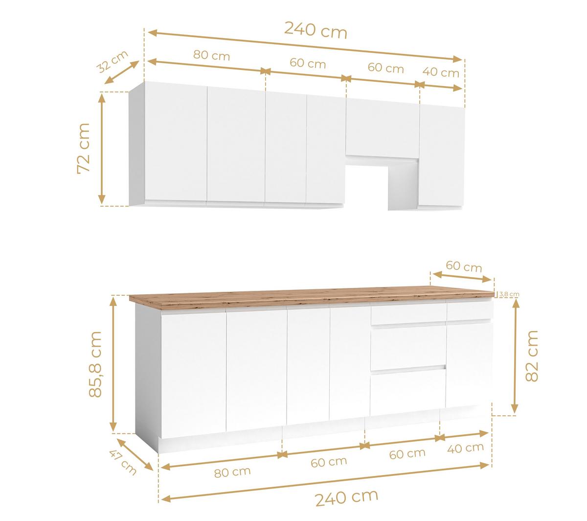 KÜCHENLEERBLOCK Aquileia 240 cm Weiß Matt mit Arbeitsplatte Eiche Artisan - Weiß/Eiche Artisan, Holzwerkstoff (240/157.8/60cm) - AX Living