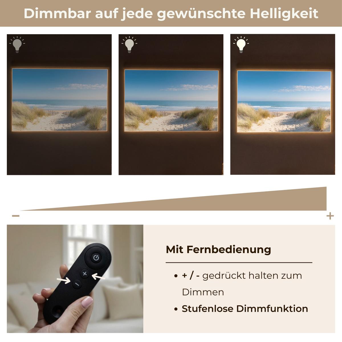 WANDLEUCHTE MIT AKKU Strand - Meer - Düne - Sand - Sommer 100x70 cm - Sandfarben, Holzwerkstoff (100/70/8cm) - OnlyWow