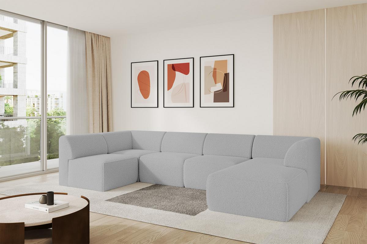 WOHNLANDSCHAFT Ottomane Rechts MOVO-L 345x180x78 cm Hellgrau Bouclé - Anthrazit, Holzwerkstoff/Kunststoff (180/78/345cm) - ALTDECOR
