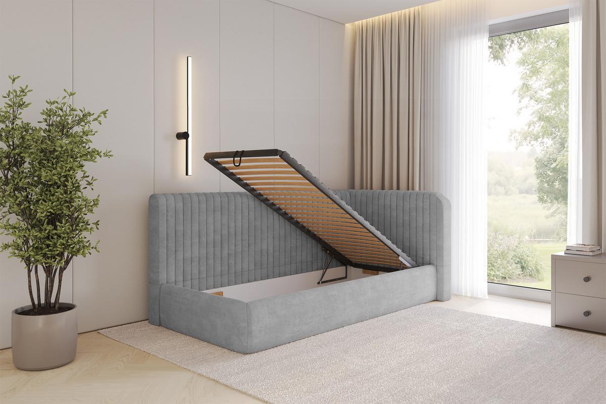 EINZELLBETT Jugendbett mit Bettkasten und Matratze H3/H4, Links - AURY 90x200 Grau - Hellgrau, Holzwerkstoff/Textil (90/200cm) - ALTDECOR