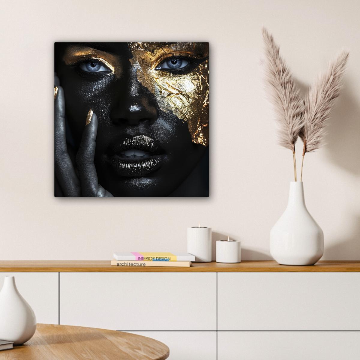 LEINWANDBILD Frau - Gold - Porträt - Schwarz-Weiß - Luxus Wandbild Wohnzimmer 50x50 cm - Hellblau, Textil (50/50cm) - MuchoWow
