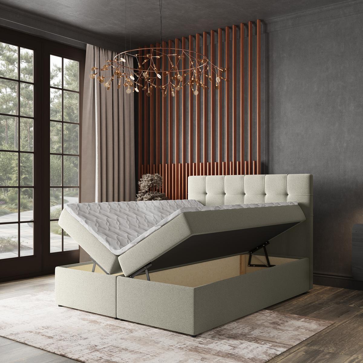 BOXBETT PALMA 180x200 cm mit Matratze und Topper, H2+H3 - Creme - Creme, Holz (180/200cm) - MASSENO