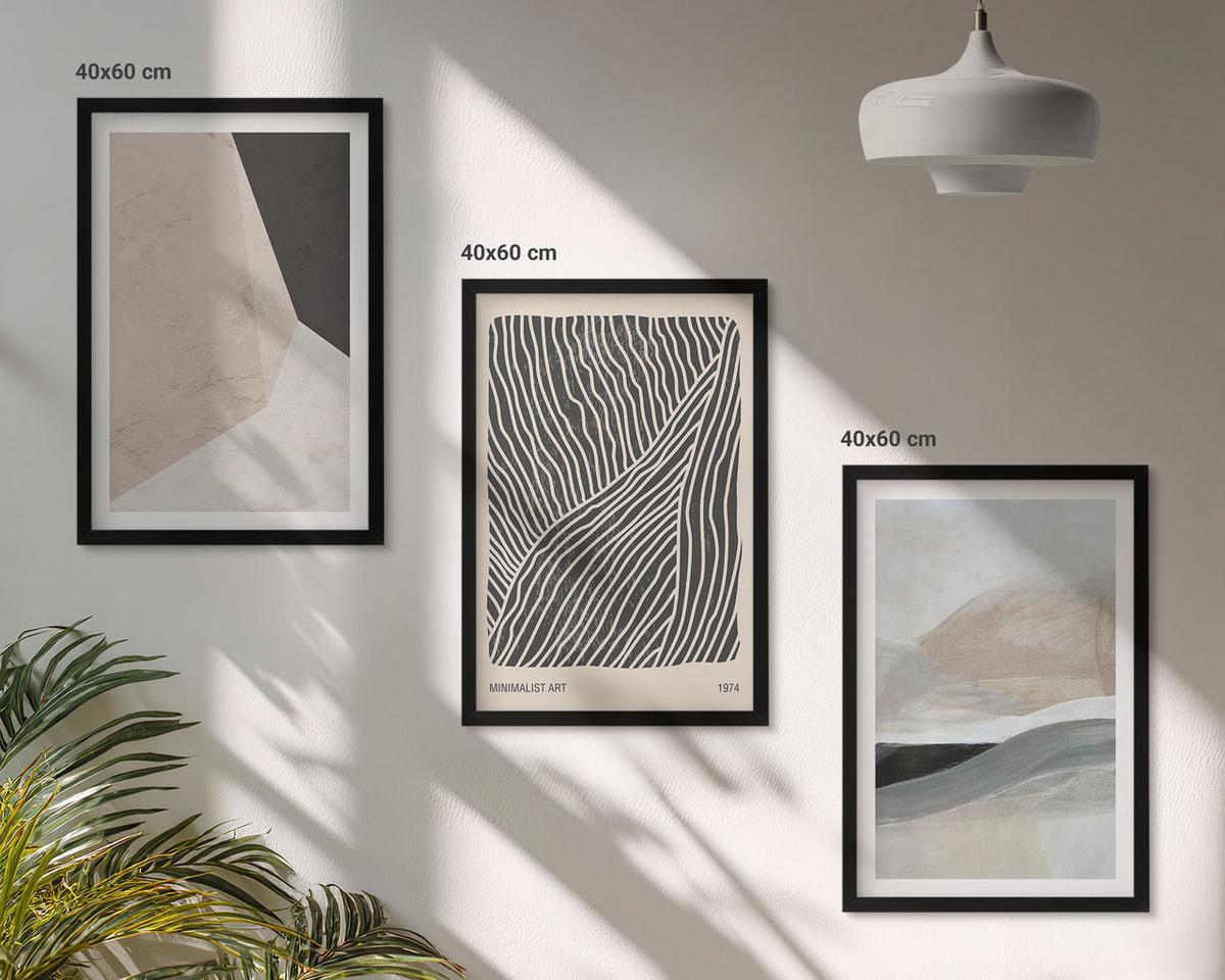 BILDER SET 3er Set - 40x60 cm Schwarzer Rahmen - Abstrakte Muster in Beige und Grau - Schwarz, Kunststoff (40/60cm) - TULUP