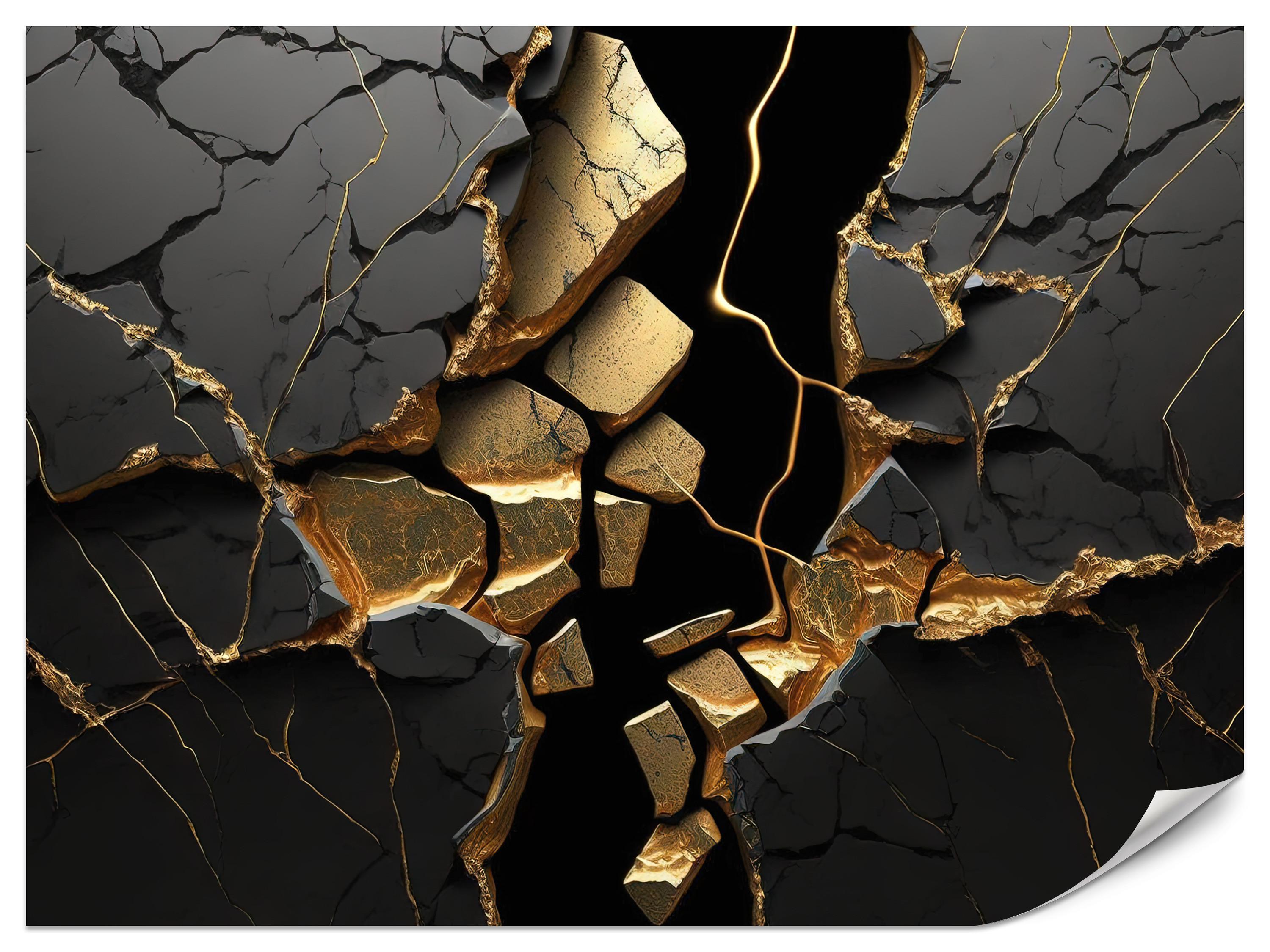 FOTOTAPETE für Wohnzimmer Schwarzer Abstrakter Marmor Gold Risse Wand 300x210 - Schwarz, Papier (300/210cm) - Muralo