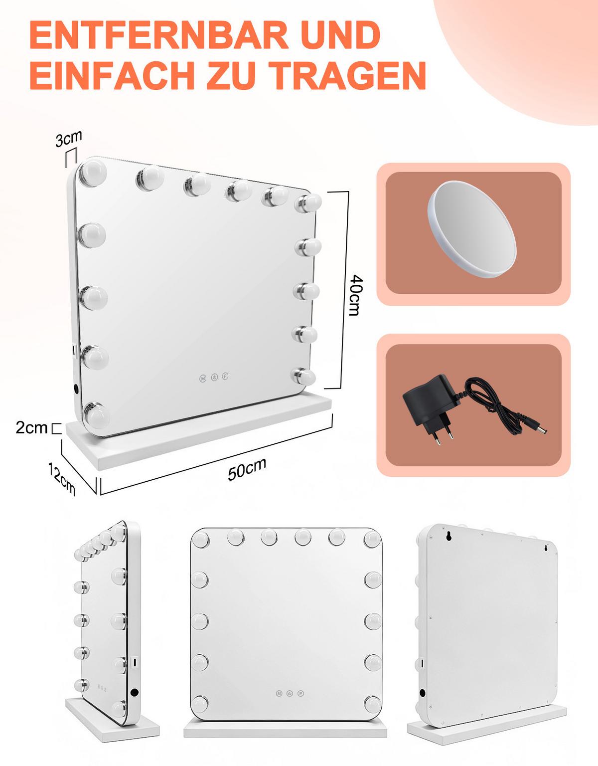 SCHMINKSPIEGEL Draveth 50/12/40 cm - Weiß, Glas/Metall (12/40/50cm) - ZMH