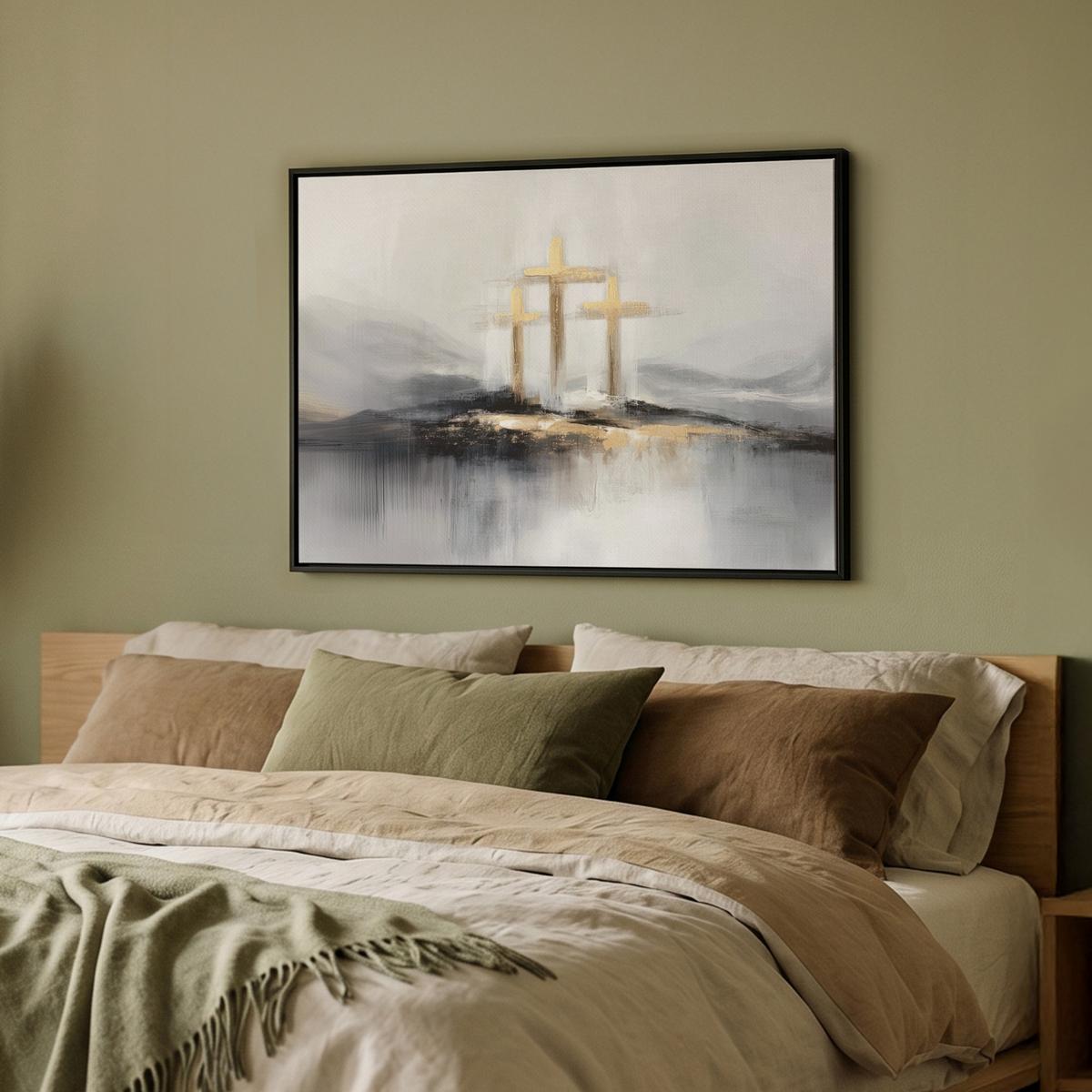LEINWAND Bilder mit Rahmen - Abstrakt - Malerei - Christentum - Kreuz - 70x50 - Weiß, Textil (70/50cm) - MuchoWow