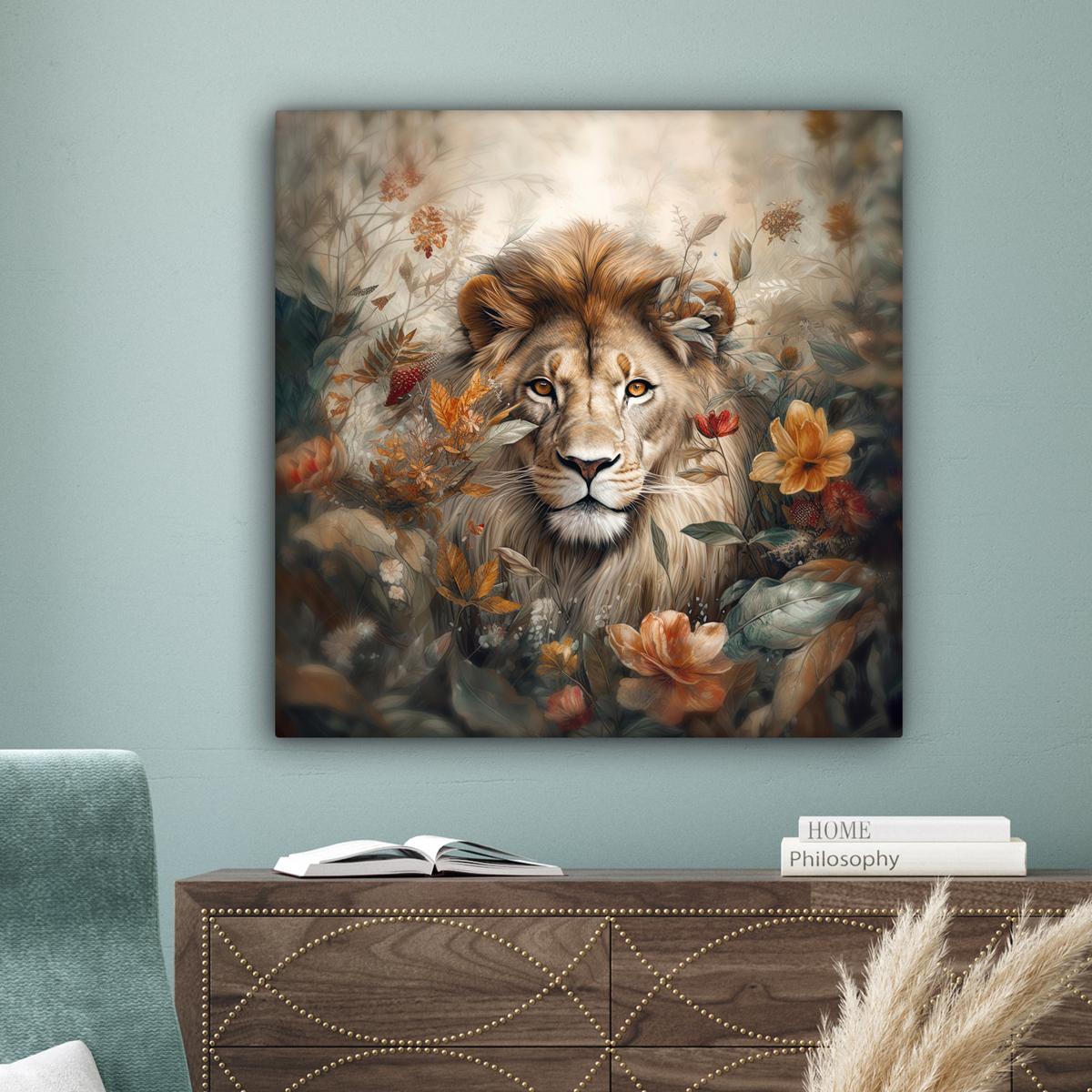 LEINWANDBILD Löwe - Wildtiere - Pflanzen - Natur - Blumen Deko Groß 90x90 cm - Beige, Textil (90/90cm) - MuchoWow