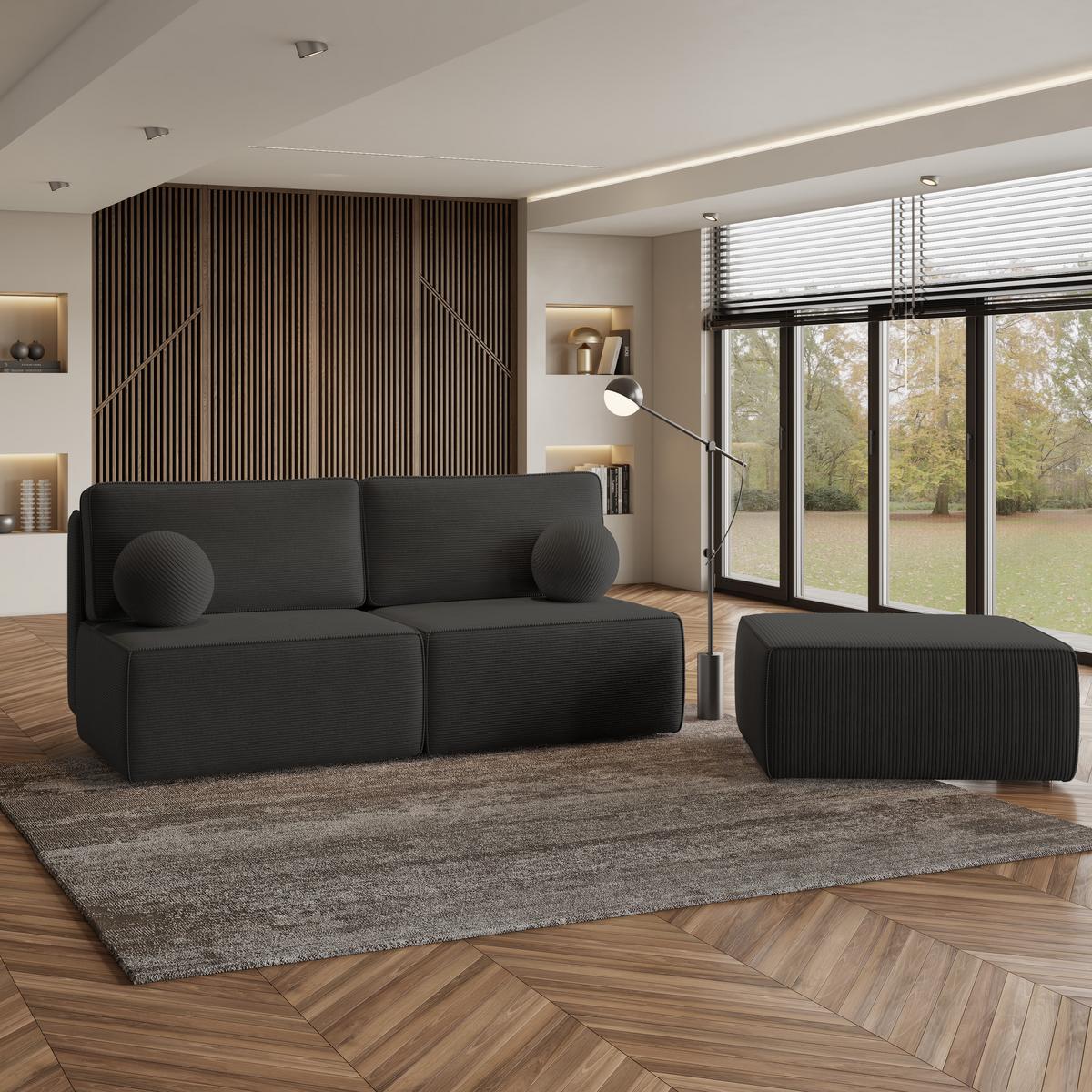 ECKSOFA VARNA P Schwarz Kordstoff mit Schlaffunktion - Schwarz/Grau, Holz/Kunststoff (196/158cm) - MASSENO
