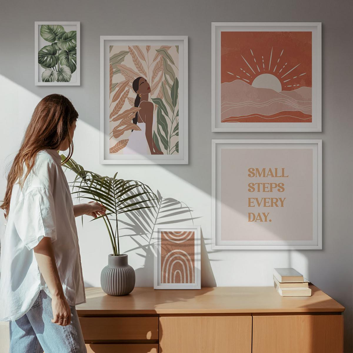 BILDER SET 5er Set - 50x50 cm & 20x30 cm & 40x60 cm Weißer Rahmen - abstrakte Formen im Boho-Stil - Weiß, Kunststoff (40/60cm) - TULUP