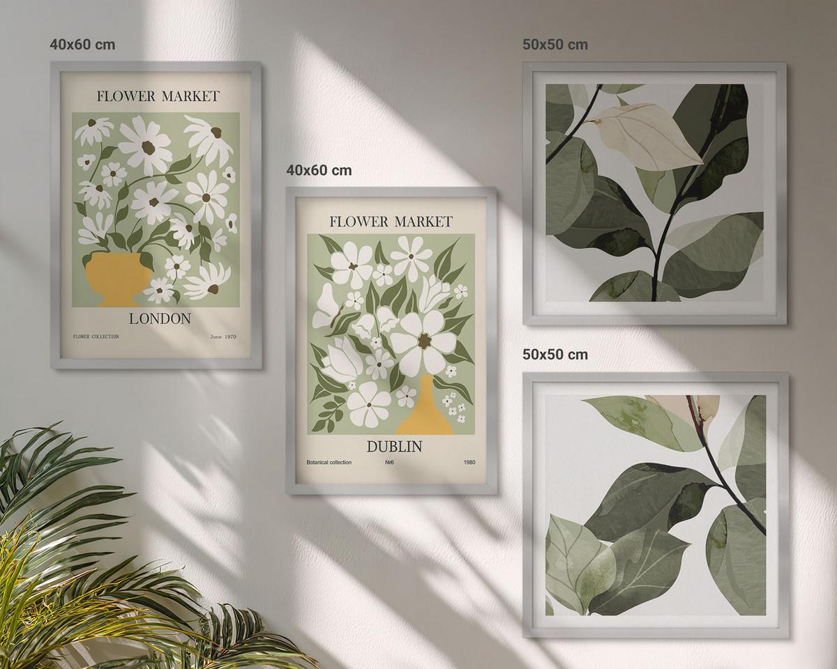 BILDER SET 4er Set - 50x50 cm & 40x60 cm Silberner Rahmen - Blumenmuster London Dublin - Silberfarben, Kunststoff (50/50cm) - TULUP