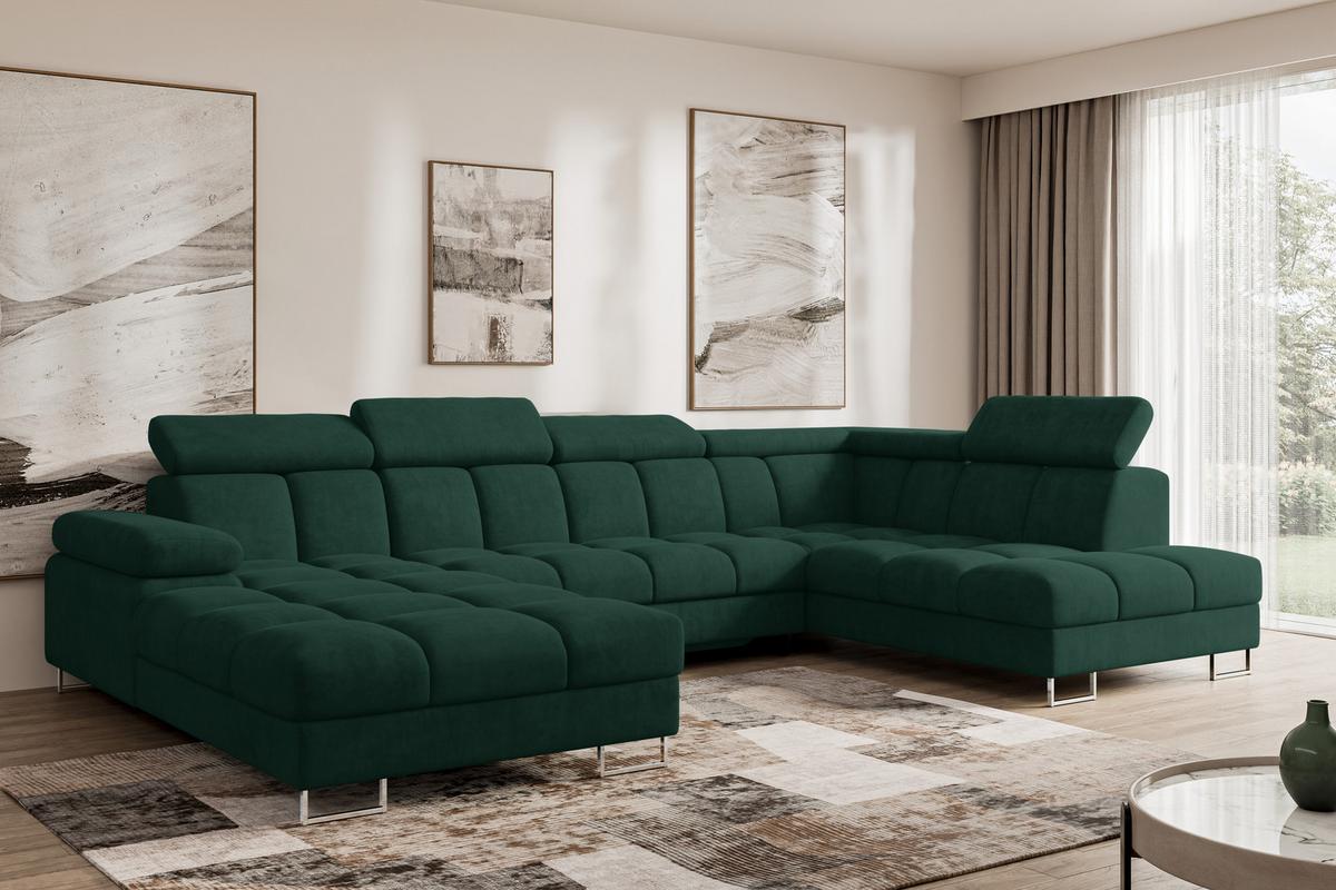 WOHNLANDSCHAFT mit Schlaffunktion und Bettkasten Ottomane RECHTS COMA U 345x203x79 Grün Velours - Grün, Holzwerkstoff/Textil (203/79/345cm) - ALTDECOR
