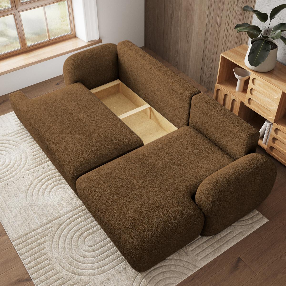 ECKSOFA MODENZA N R-S Braun Boucle-Stoff mit Schlaffunktion - Schwarz/Braun, Holz/Kunststoff (266/148cm) - MASSENO