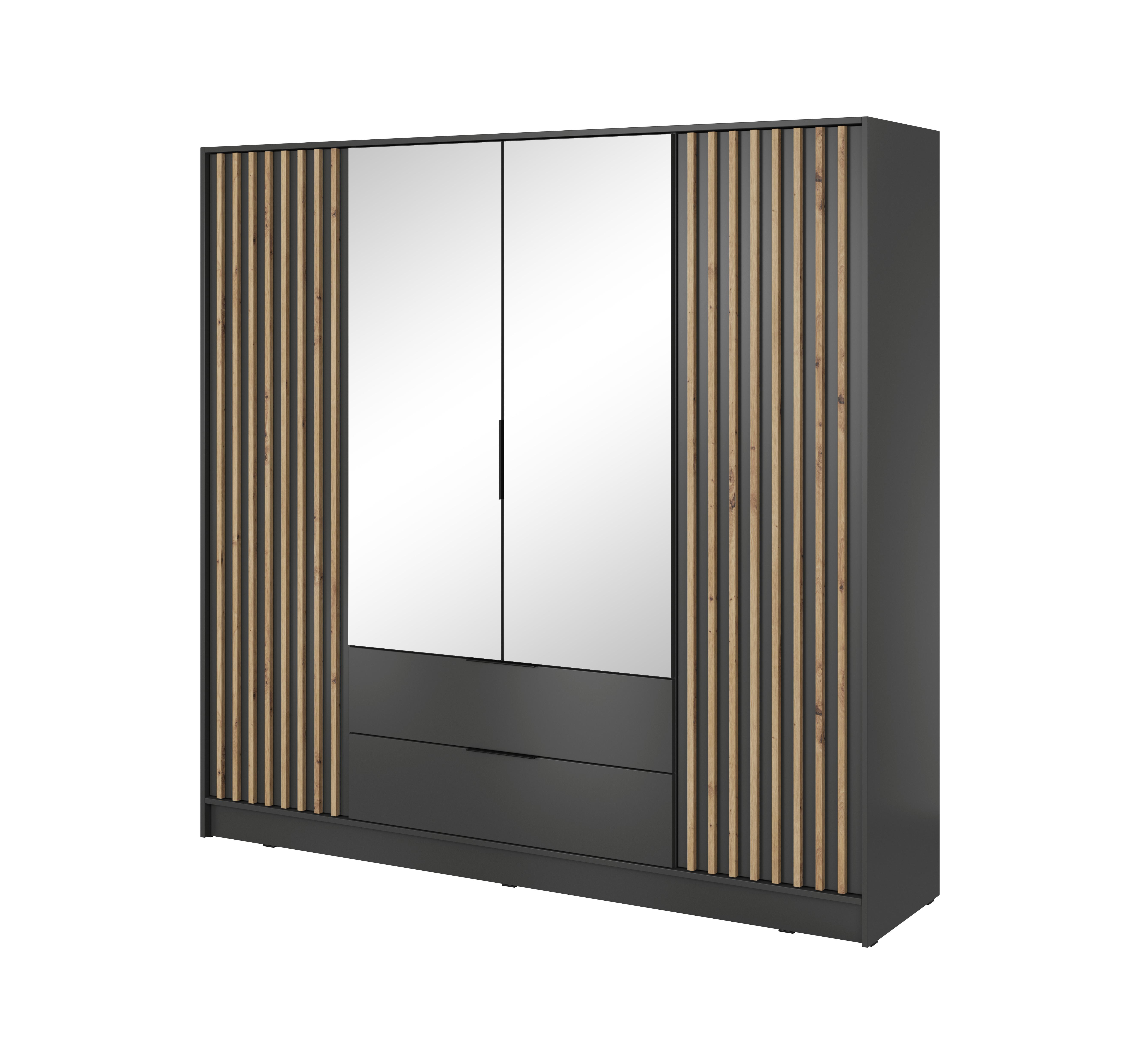 DREHTÜRENSCHRANK NELIANA 206/200/51 cm 4-türig mit Spiegel Graphitfarben - Graphitfarben, Holzwerkstoff (206/200/51cm) - MASSENO