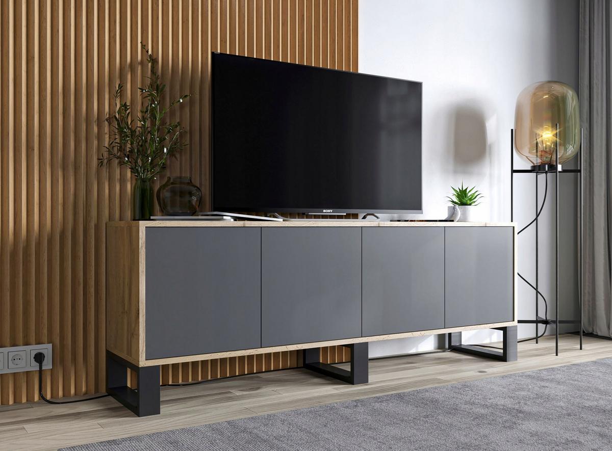 TV-SCHRANK Apollo2 Eiche wotan Graphit Matt mit Metallbeinen 150/53/35 cm - Graphitfarben/Schwarz, Holzwerkstoff/Metall (150/53/35cm) - Meble Lindner