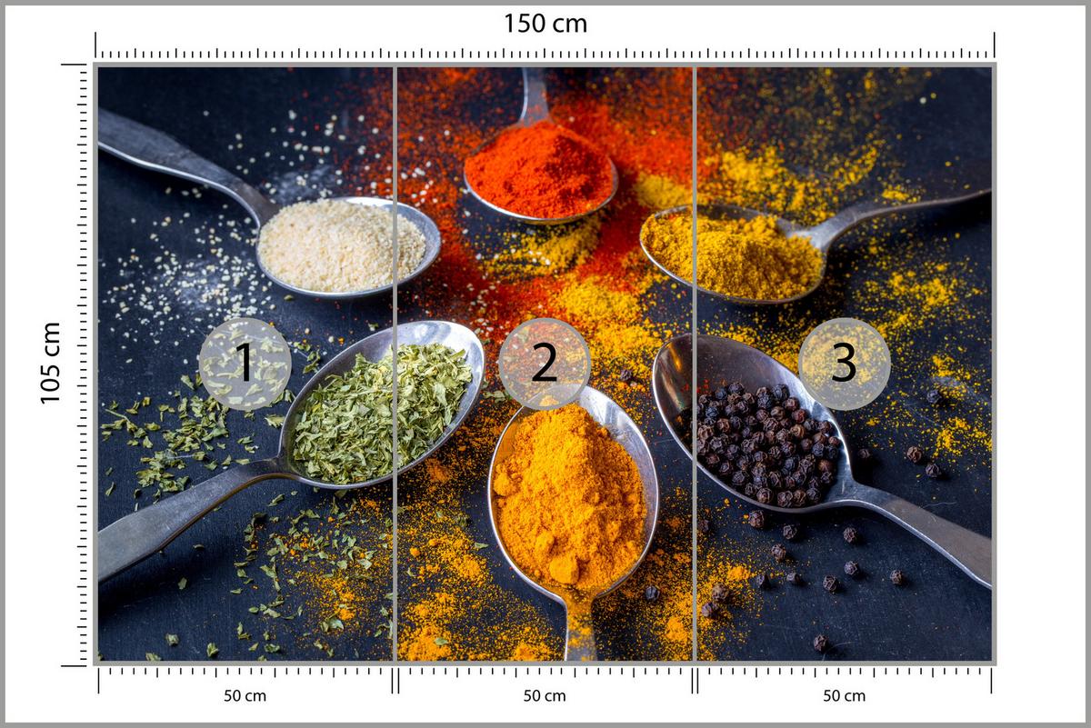 FOTOTAPETE für Küche Gewürzlöffel Orientalisch Curry Kurkuma Pfeffer 150x105 - Beige/Rot, Papier (150/105cm) - Muralo