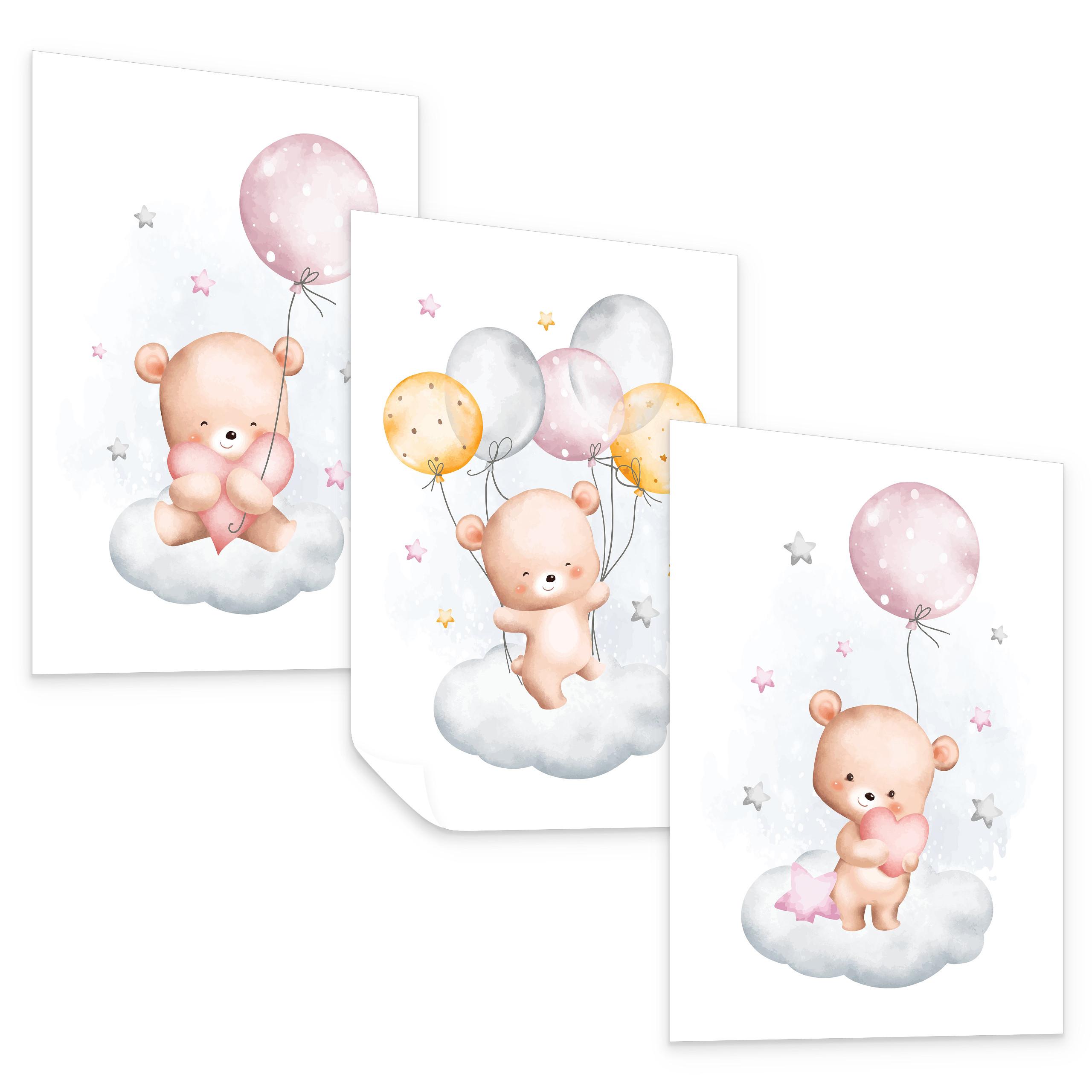 POSTER SET für Kinderzimmer Teddybären Wolken Ballons Sterne 3x Poster A4 21x30cm - Beige/Rosa, Papier (21/30/1cm) - Muralo
