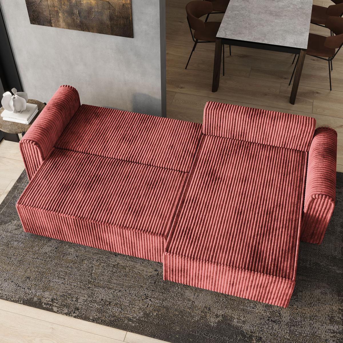 ECKSOFA VALTINO Rosa Kordstoff mit Schlaffunktion - Rosa, Holz (275/148cm) - MASSENO