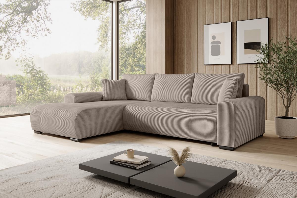 ECKSOFA Nelly mit Bettkasten und Schlaffunktion, Cordstoff in L-Form - Beige, Textil (270/185cm)