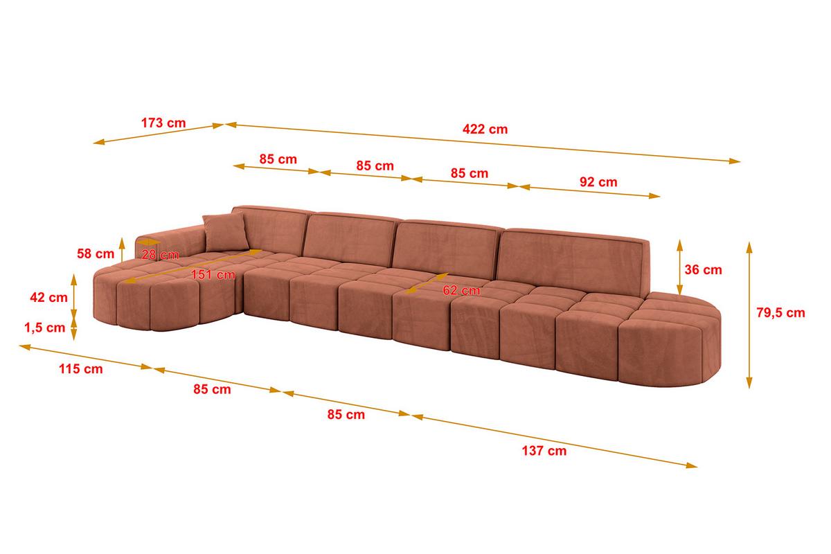 ECKSOFA Ottomane Links LIVO-L3 - 422x173x79,5 cm Apricot - Koralle, Holzwerkstoff/Textil (422/173cm) - ALTDECOR