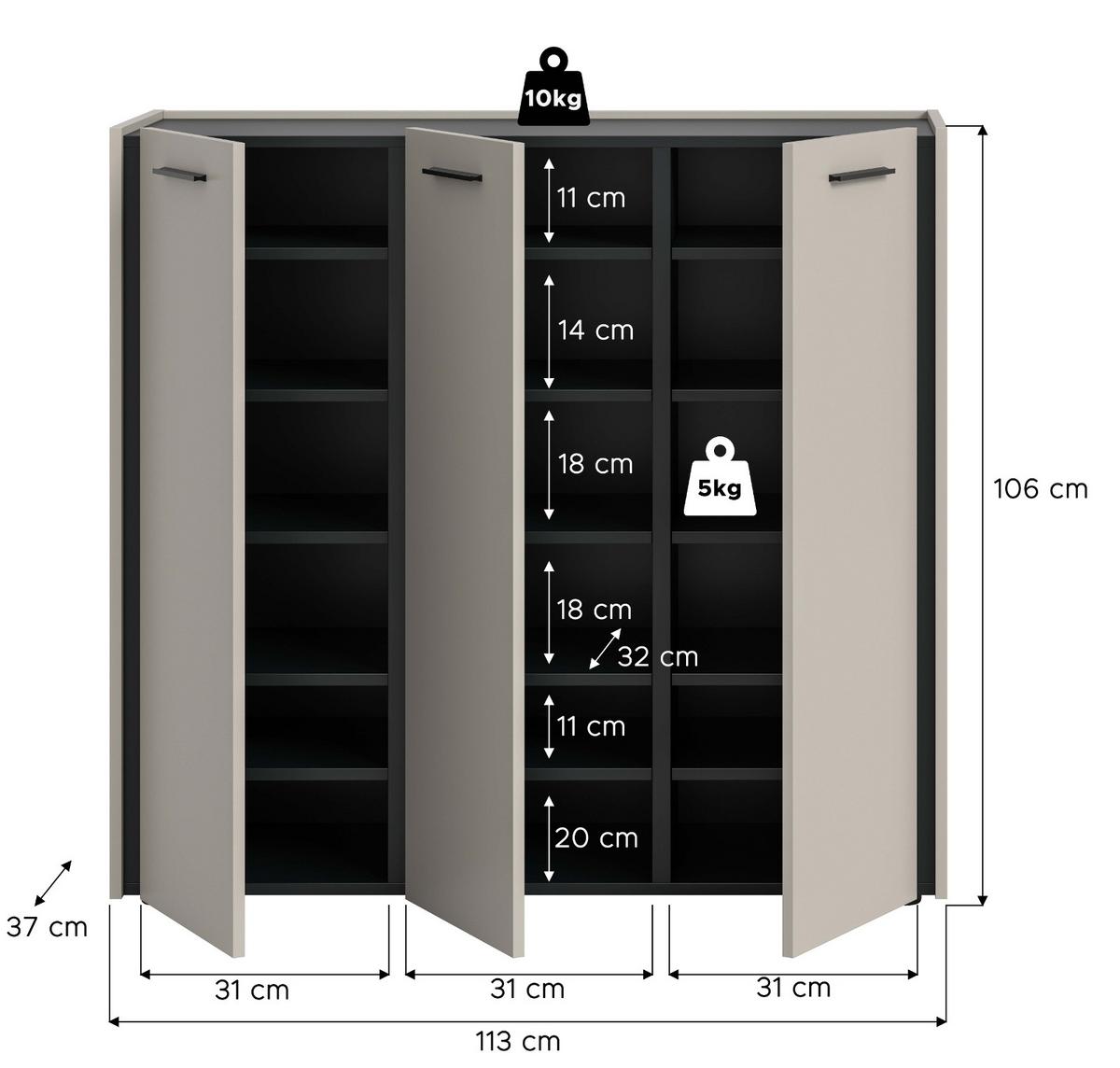 SCHUHSCHRANK Kaschmir 113 x 106 cm, Flurkommode mit Soft-Close - Kaschmir/Schwarz, Holzwerkstoff/Kunststoff (113/106/37cm) - Inn.Furn