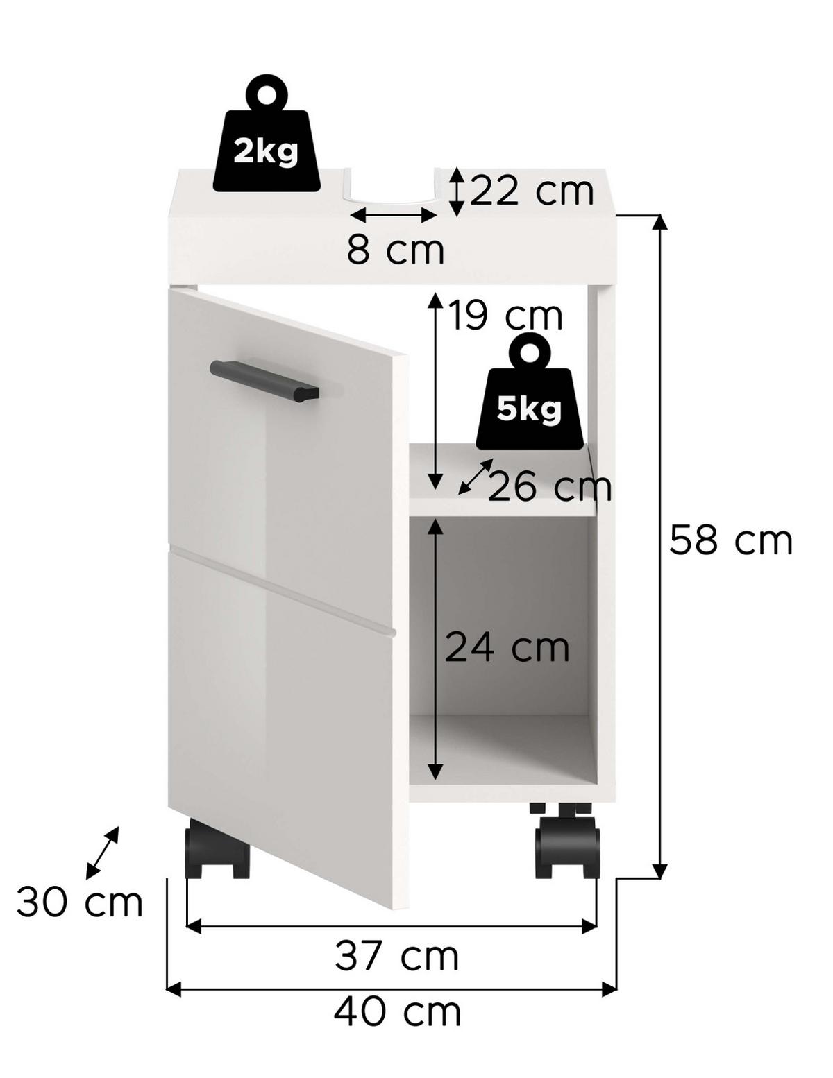 WASCHBECKENUNTERSCHRANK weiß Hochglanz 40 cm, Badschrank auf Rollen - Weiß Hochglanz/Schwarz, Holzwerkstoff/Kunststoff (40/58/30cm) - Inn.Furn
