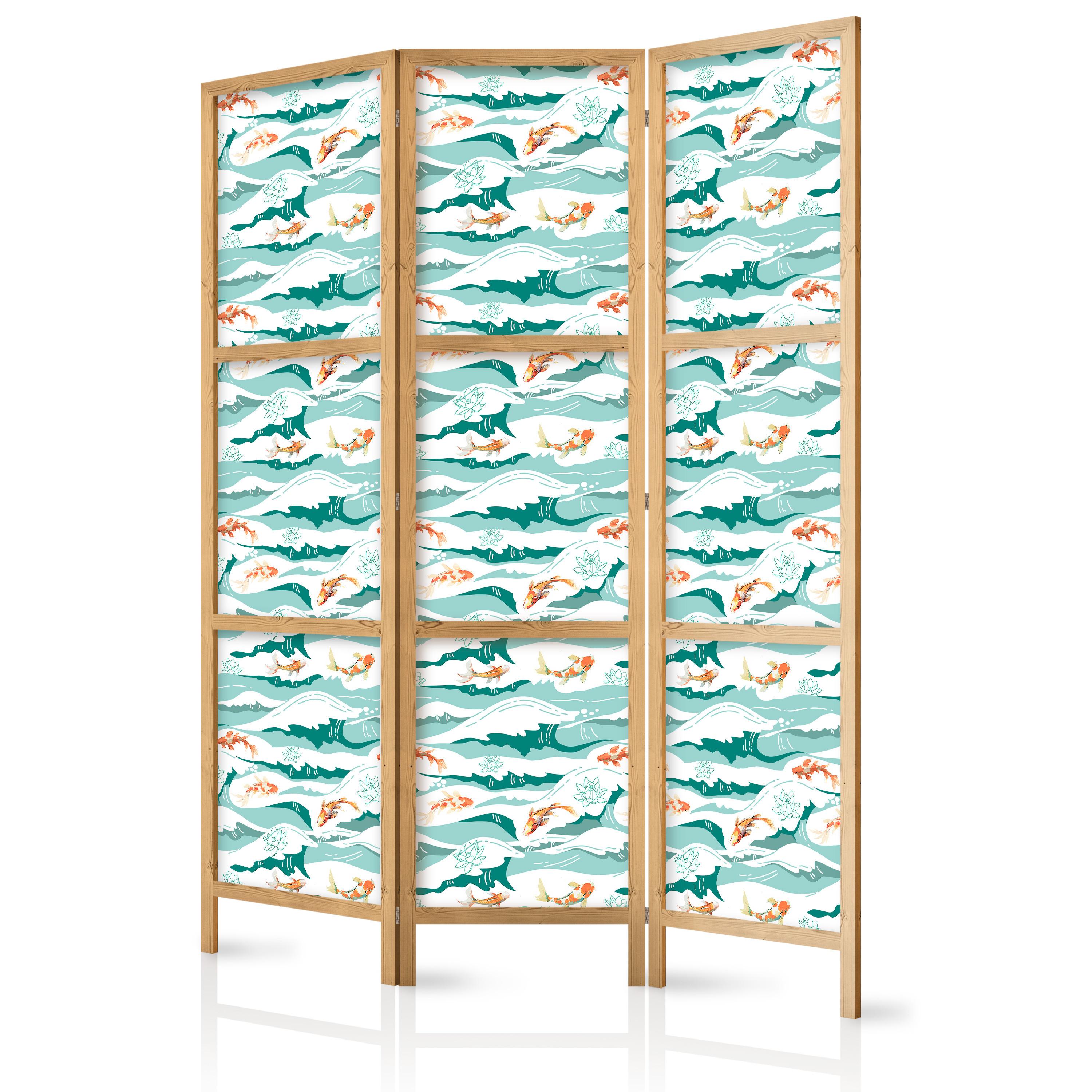 PARAVENT Japanischer 3-tlg 135x172 cm Fische Blumen Meereswellen - Blau, Holz/Textil (135/172/3cm) - Muralo