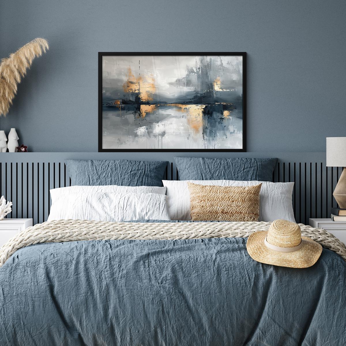 POSTER MIT RAHMENGERAHMTES BILD Kunst - Grau - Gold - Abstrakt 90x60 cm - Dunkelgrau, Papier (90/60cm) - MuchoWow