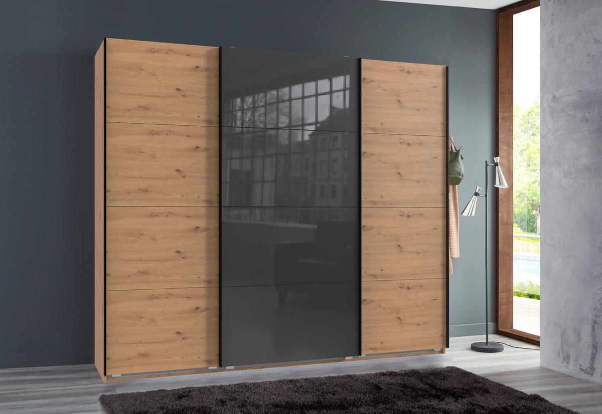 SCHWEBETÜRENSCHRANK 3-türig B225/H208/T64 cm in Eiche Artisan Dekor, Kleiderschrank mit einer Glasfront-Tür in Grau / 22524 - Edelstahlfarben/Eichefarben, Holzwerkstoff/Metall (225/208/64cm) - luma-home
